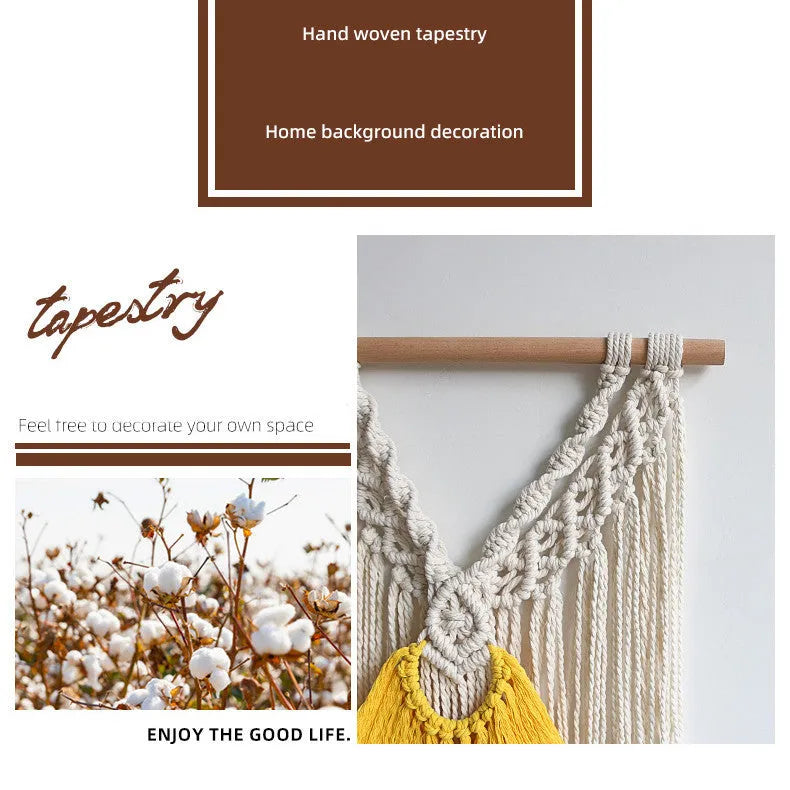 Hand-woven Nordic style cotton tapestry wall hanging 120cm by 95cm creamy white with yellow accents