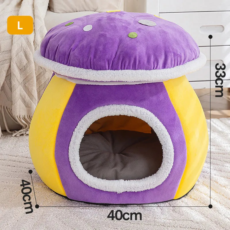 Mushroom-shaped plush cat bed in grey colour with detachable blanket