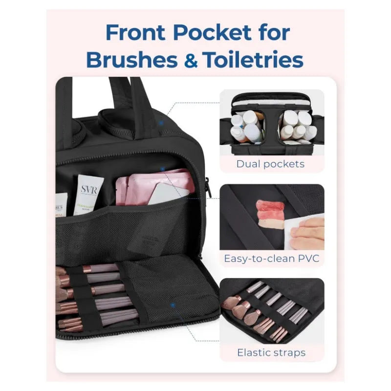 Large wide open travel toiletry bag in lightweight polyester with fluffy texture, showing interior space