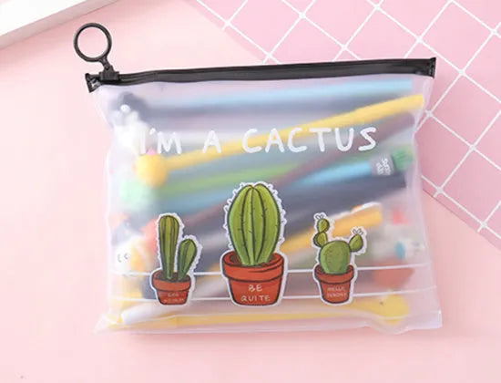 Set of twenty 0.5mm black pens with cactus cartoon designs inside a matching plastic pen case.
