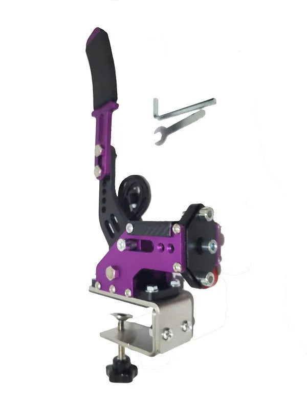 USB linear handbrake for PC racing simulators with aluminium clamp mounted on a wheel base.