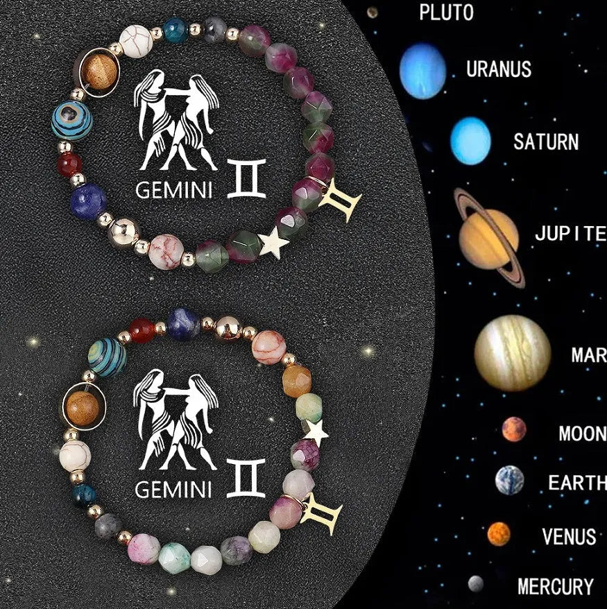 Two natural stone beaded bracelets showcasing zodiac sign designs on a selection card.