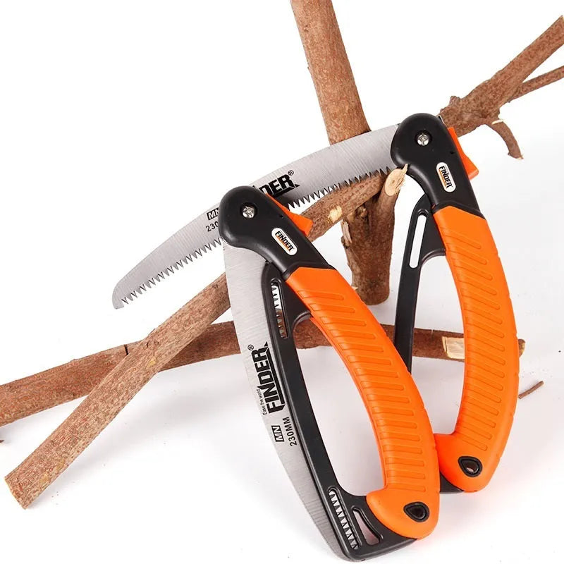 Folding garden saw with TPR grip and 230mm steel blade extended for cutting