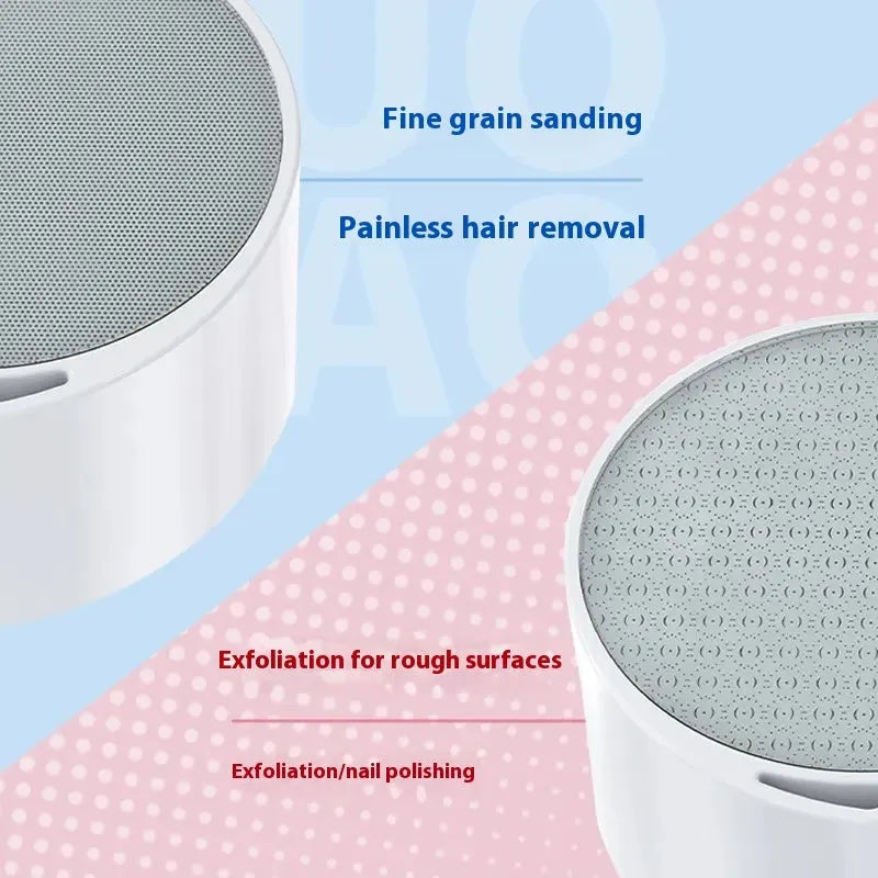 White and blue 2-in-1 nanoscale glass epilator and foot grinder device for personal grooming.