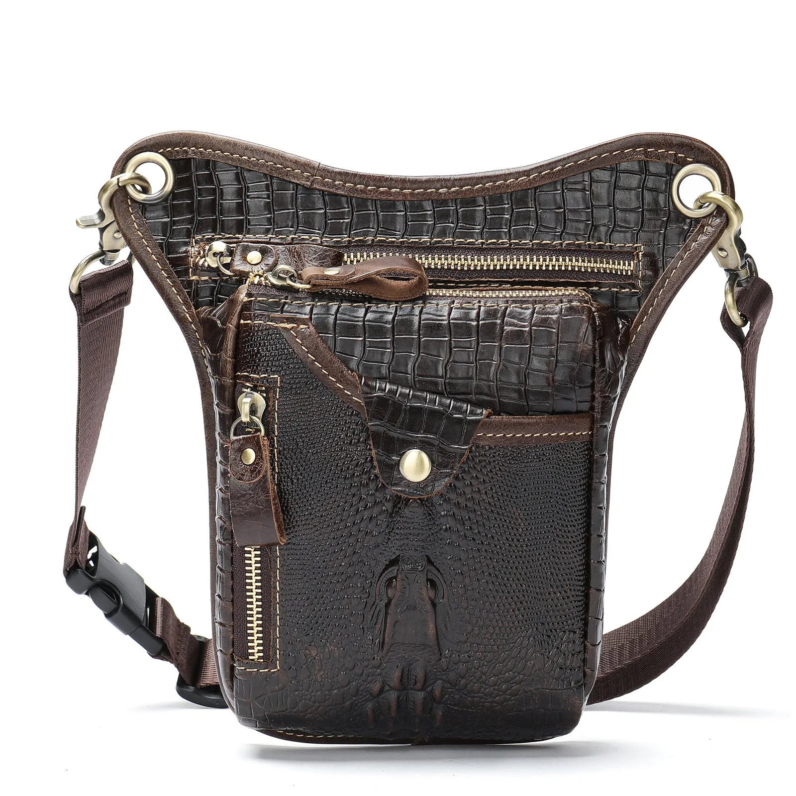 Men's brown Crazy Horse leather vintage satchel bag with top handle and crossbody strap.