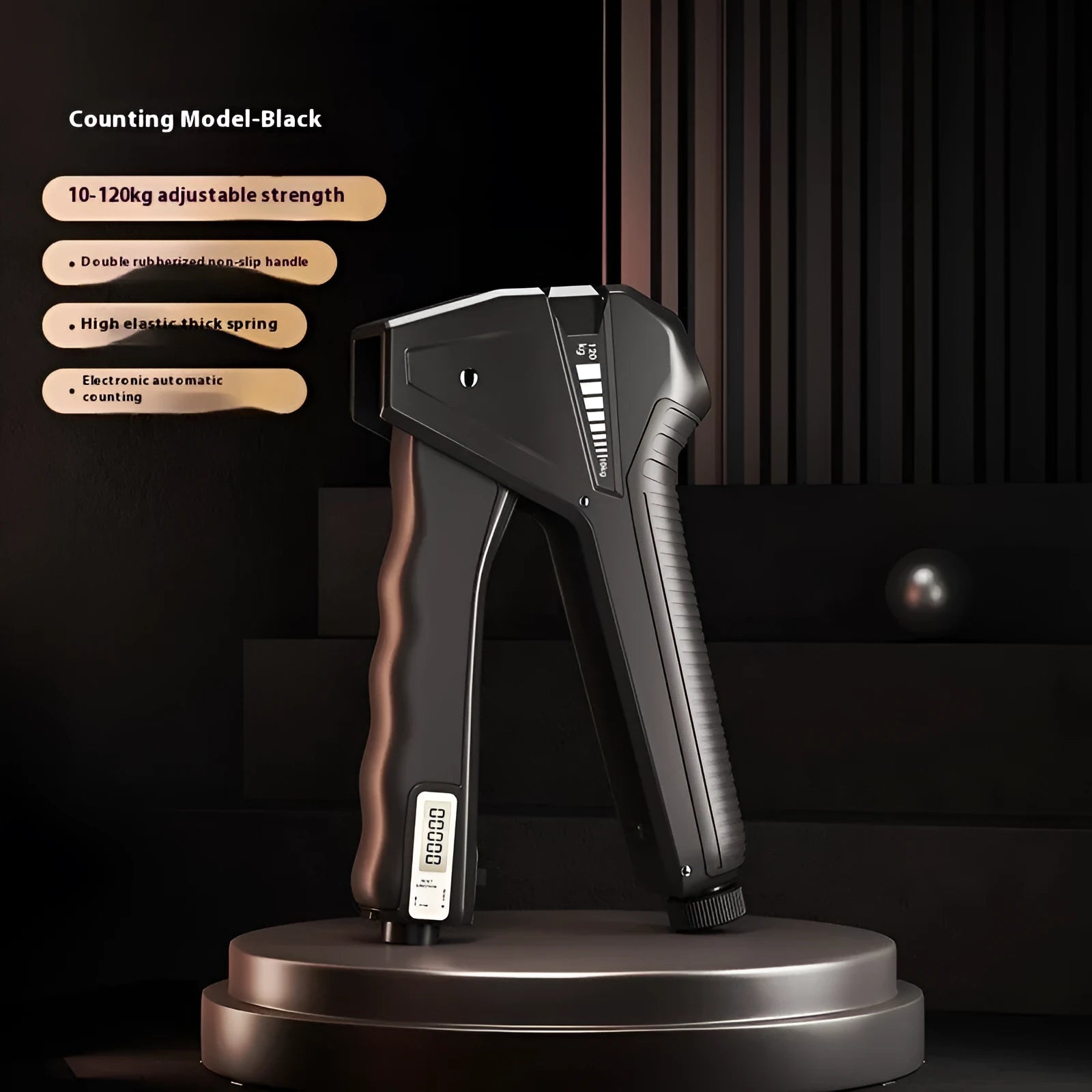 Adjustable hand grip strengthener fitness equipment in black, showing mechanical tension adjustment.