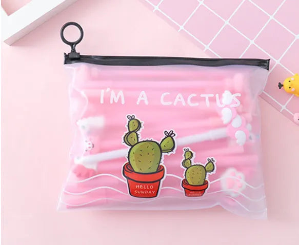 Set of twenty 0.5mm black pens with cactus cartoon designs inside a matching plastic pen case.