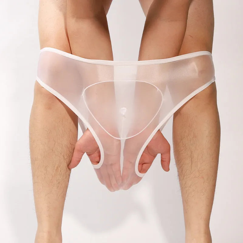 Men's transparent nylon briefs with bullet separation design in multiple colour options