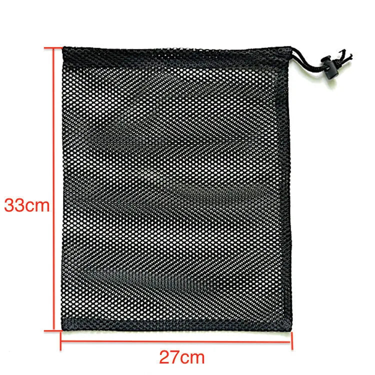 Black mesh drawstring storage bag for children's toys in three size options.