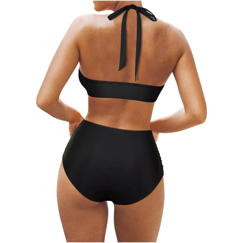 Women's polyester fibre bikini swimsuit with separate top and underwear in black, rose red, or leopard print