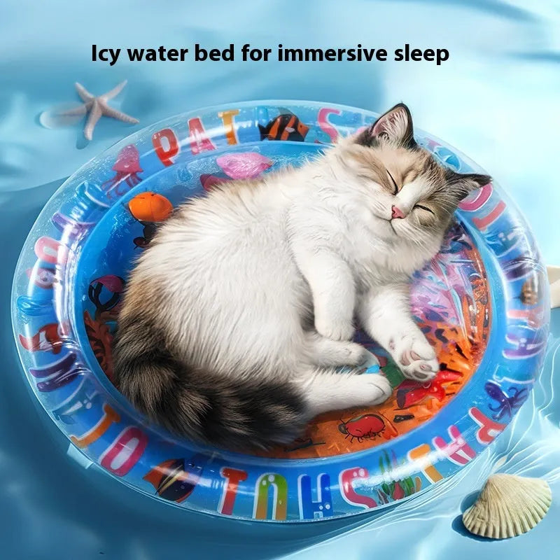 PVC inflatable pet cooling water cushion in dolphin design showing water injection valve