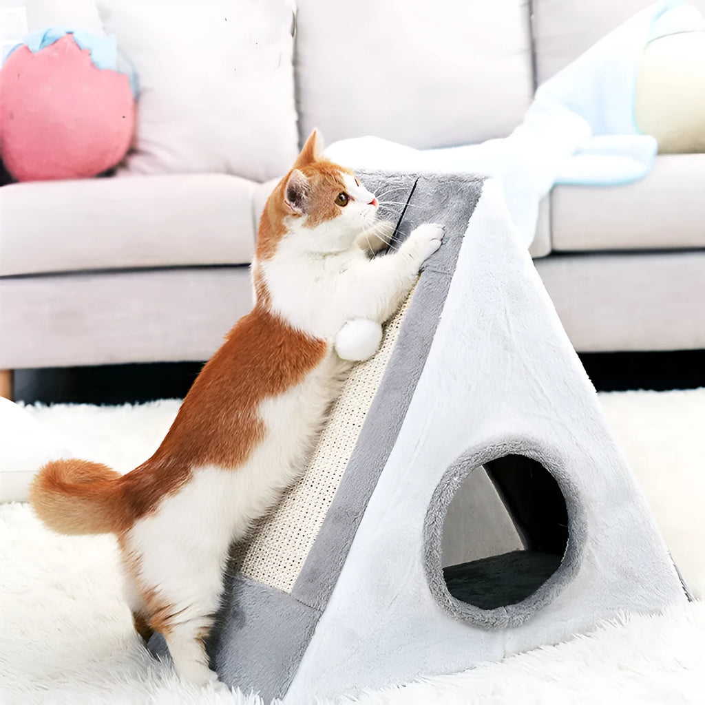 Grey and white triangle-shaped cat bed with sisal scratching side and plush sleeping area