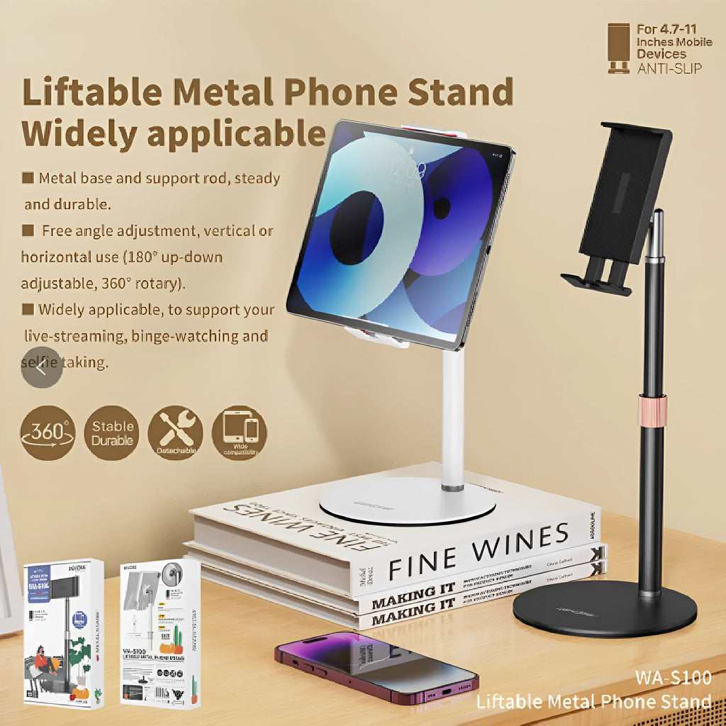 Black lifting metal tablet bracket extended to show telescopic mechanism