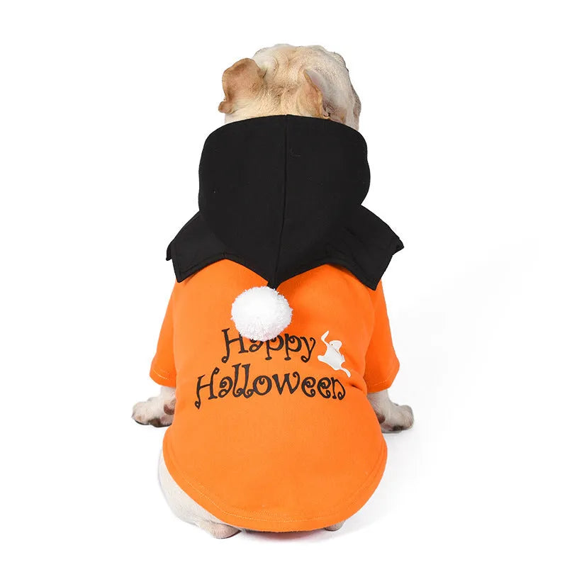 Halloween pumpkin theme two-piece dog costume with sweater and shawl in black and orange colours