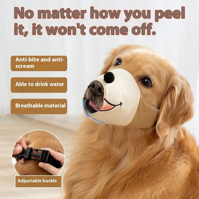 Canvas dog muzzle in Ollie Brown Bear or Bondi Blue Shark colour, shown in S, M, L, XL sizes for weight-based fitting.