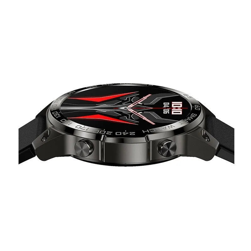 Bluetooth sports watch with circular AMOLED screen showing fitness data on silicone strap