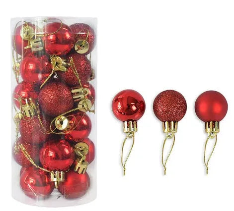 Assortment of shiny matte finish 3cm Christmas ball ornaments in gold, red, silver, and blue colours.