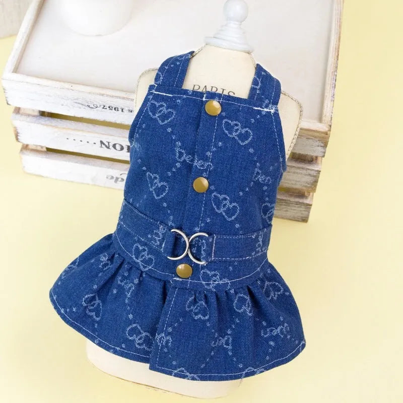 Blue denim dog dress with bracket-style design for small pets in spring and autumn