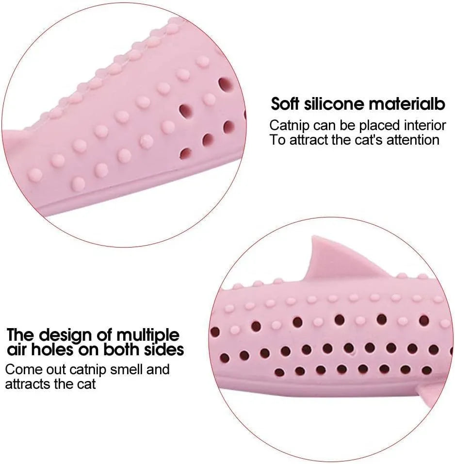 Green silicone fish-shaped chew toy for cats on a white background, showing side breathable holes.