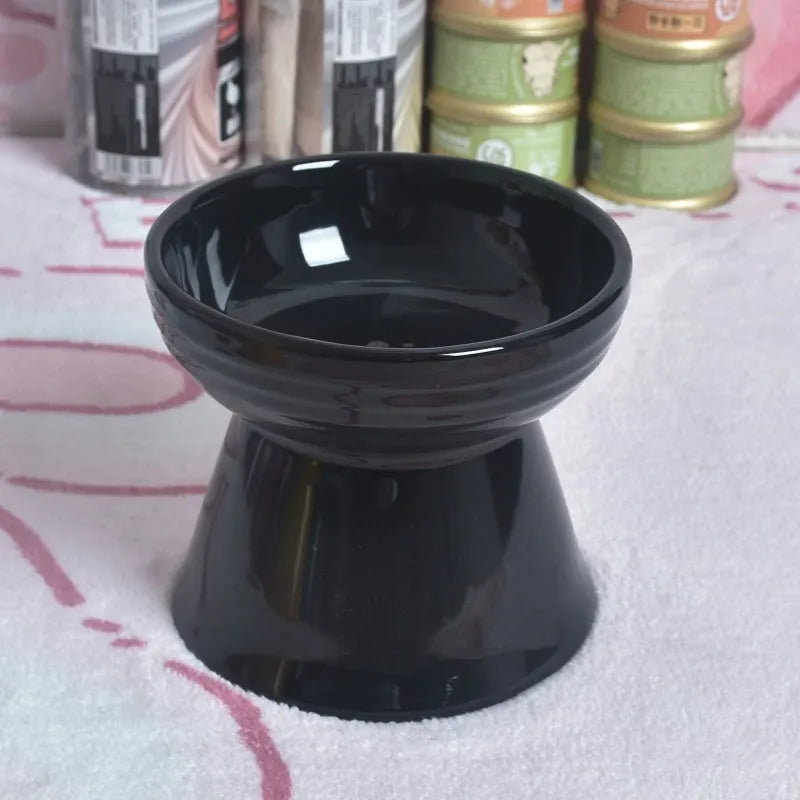Black ceramic pet bowl with high foot and neck design for anti-tumble feeding