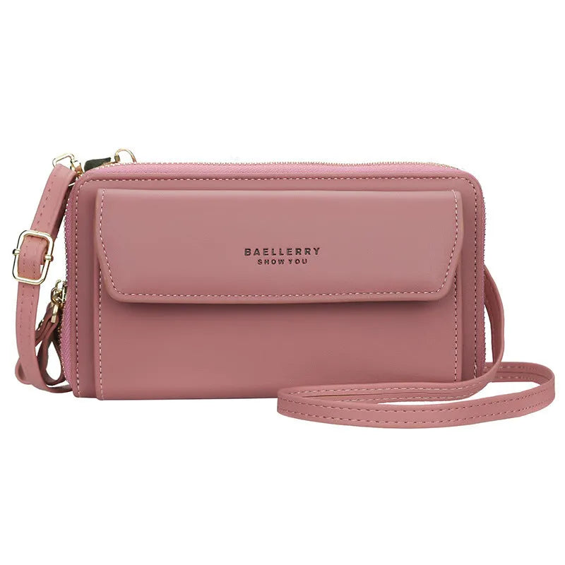 Ladies long wallet double zipper messenger bag in soft PU leather showing colour options