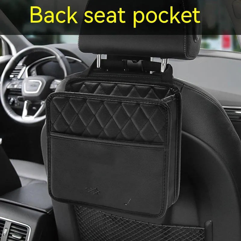 Leather car interior hanging storage bag and trash can in black, pink, green, or white colour