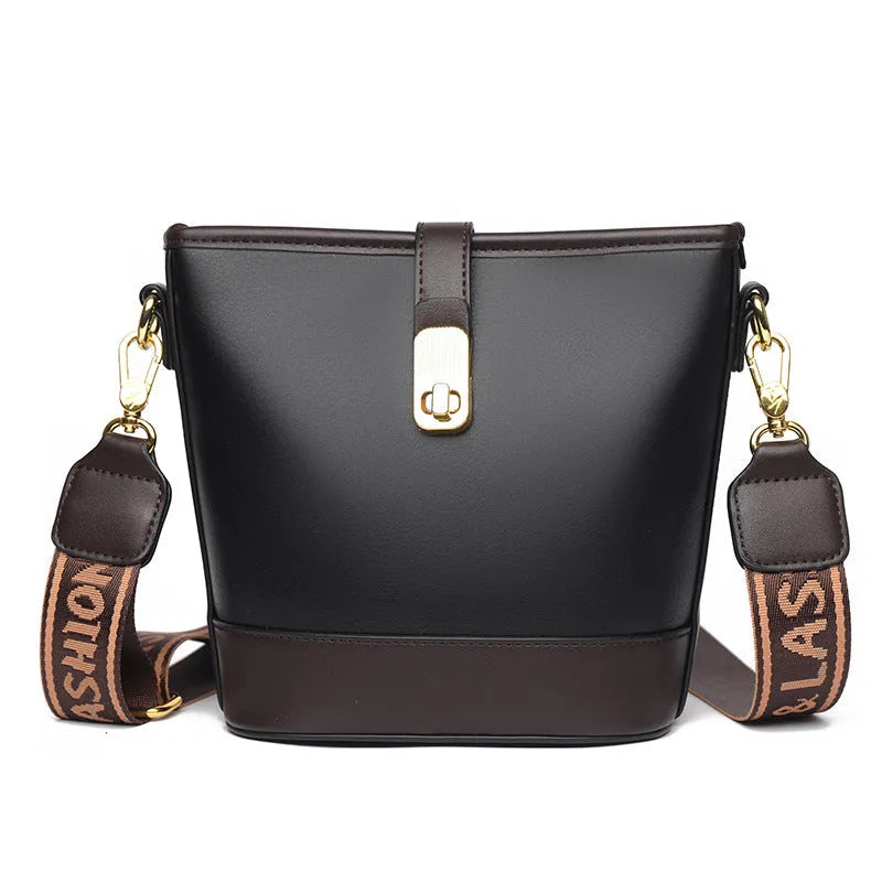 Korean style black bucket messenger bag with double shoulder straps and internal compartments