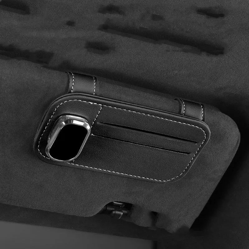 Cowhide leather car sun louver card holder with glasses clip in various colour options