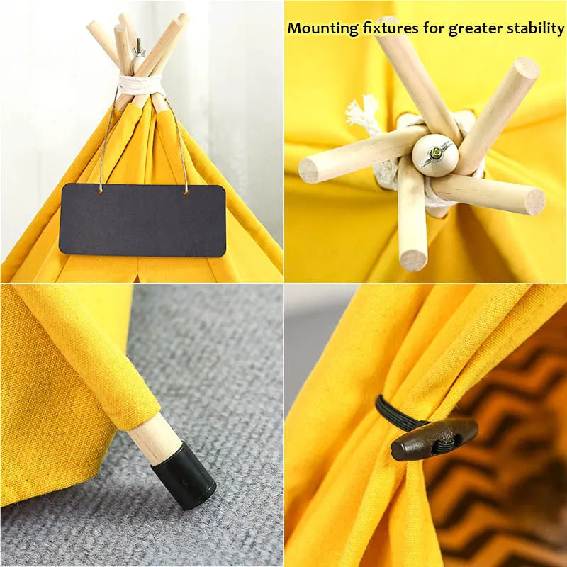 Striped linen pet teepee tent with cushion for a small dog or cat