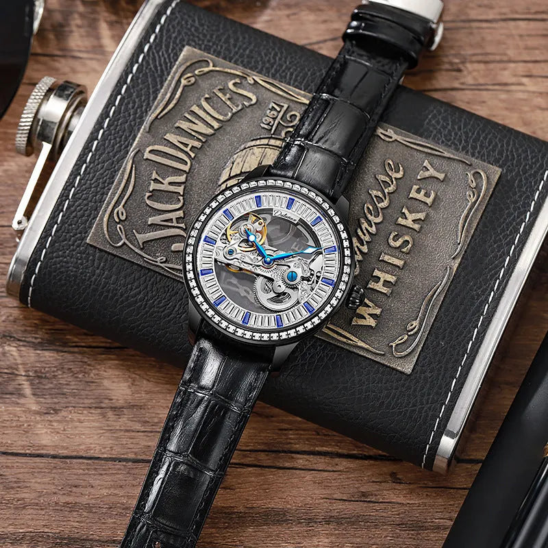 Men's mechanical watch with exhibition case back, onion crown, on a stainless steel or leather strap