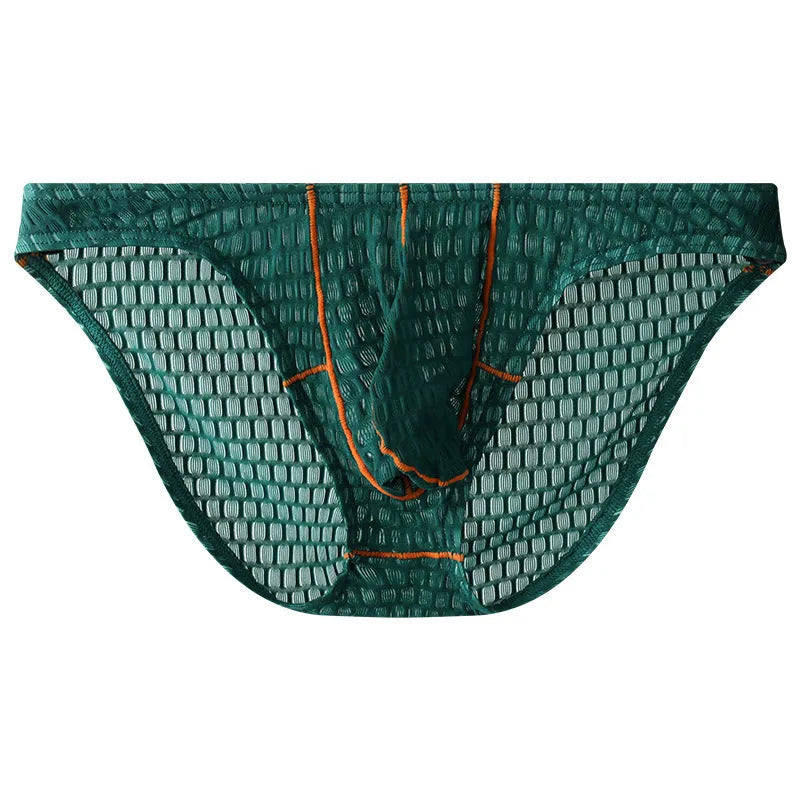 Men's ice silk lace briefs in low waist design showing solid colour options