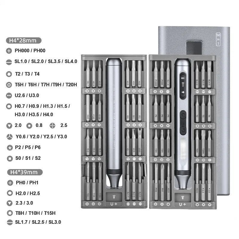 Aluminium alloy precision electric screwdriver showing compact design and charging port.