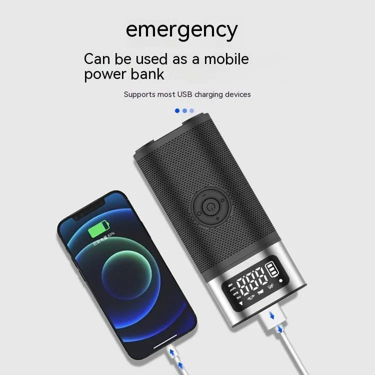 Black portable wireless smart vehicle air pump with USB-C cable and multiple nozzles on a grey background.