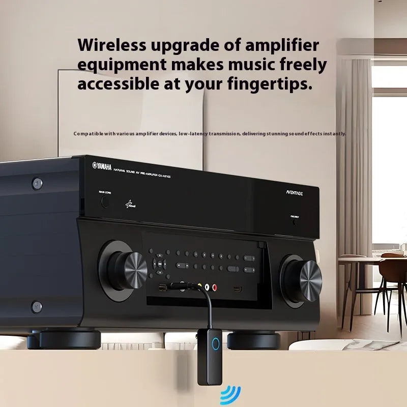 Black Bluetooth 5.4 audio adapter with a 3.5mm plug for transmitting and receiving wireless sound.