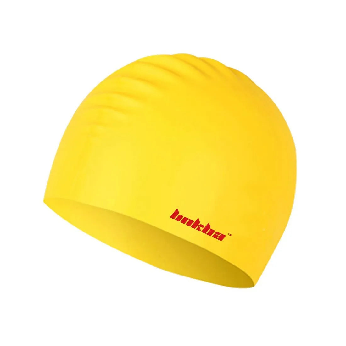 Silicone swimming cap with a graphic letter pattern, shown in one of five colours: black, white, yellow, blue, or grey.