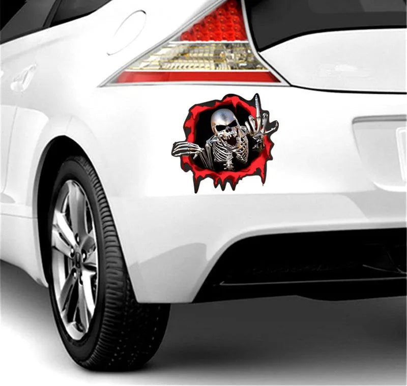 Colourful broken shell design metal skull car sticker measuring 15 by 14 centimetres