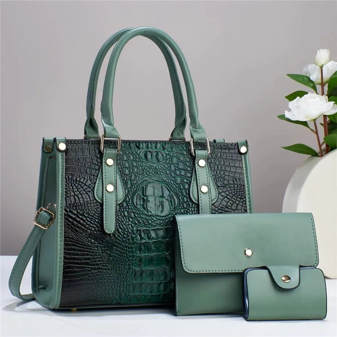 Three-piece PU bag set in chosen colour showing bucket crossbody bag, matching wallet, and card holder.