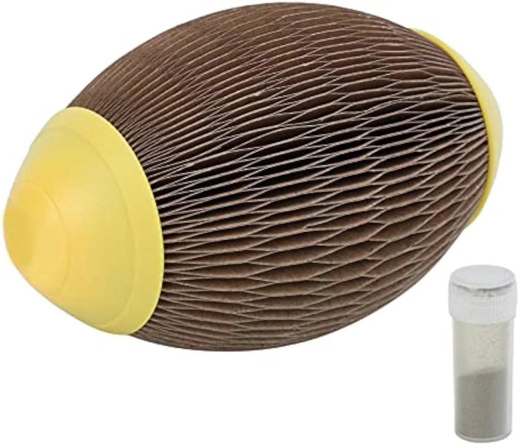 Ellipse-shaped catnip ball toy made of brown corrugated paper for scratching and play.
