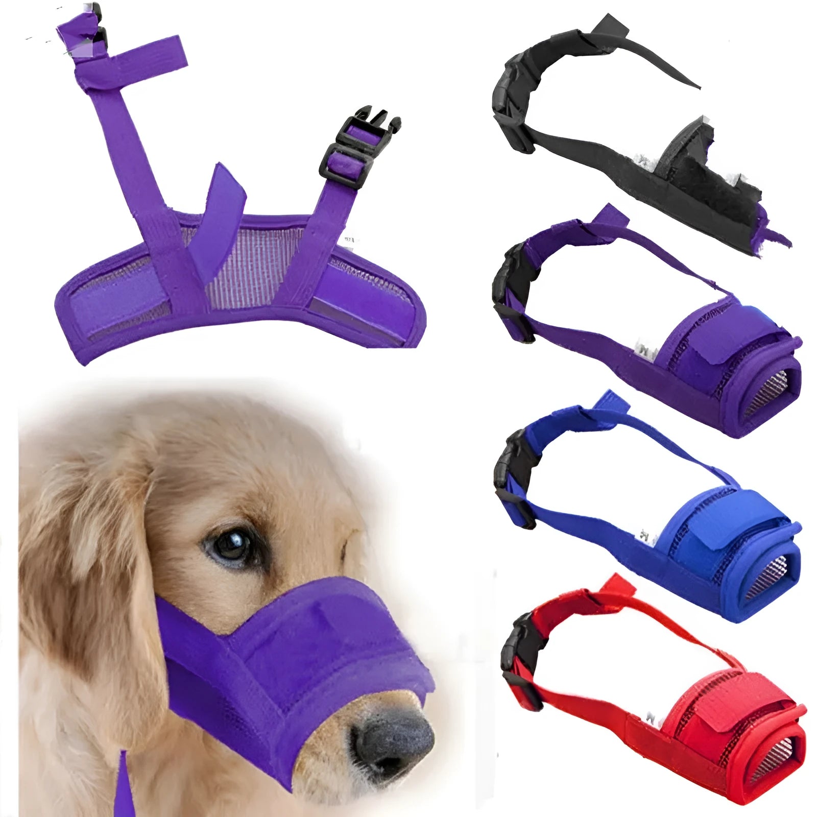 Adjustable plastic dog safety muzzle in cage design available in multiple colours and sizes