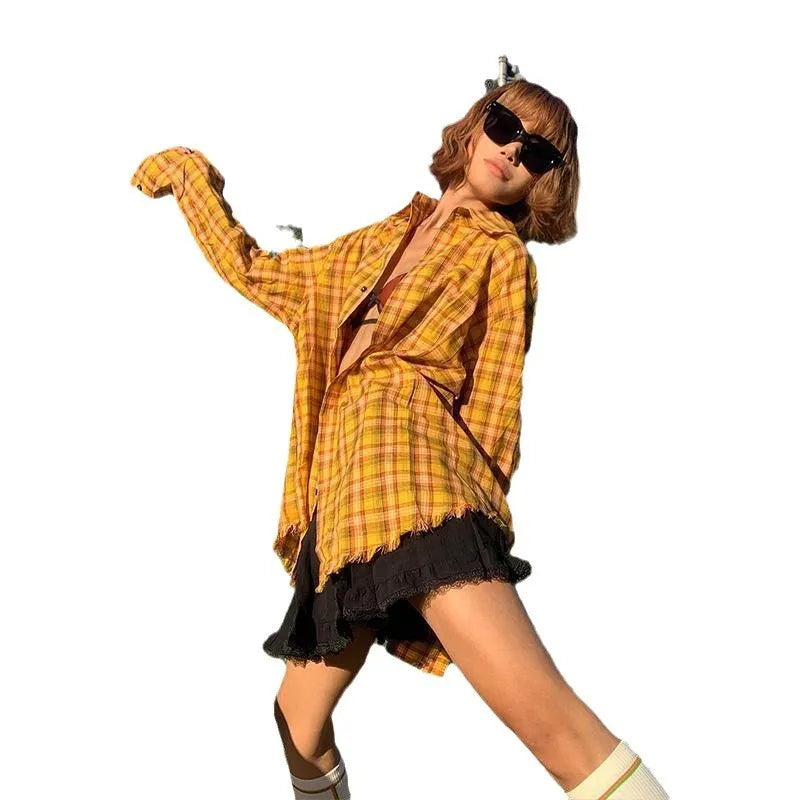 Dopamine yellow plaid shirt with loose fit and cardigan style in polyester blend fabric