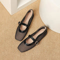 Women's beige mesh summer pump with square toe and buckle closure on a low flat heel.