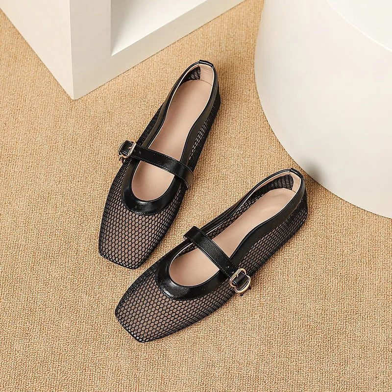 Women's beige mesh summer pump with square toe and buckle closure on a low flat heel.