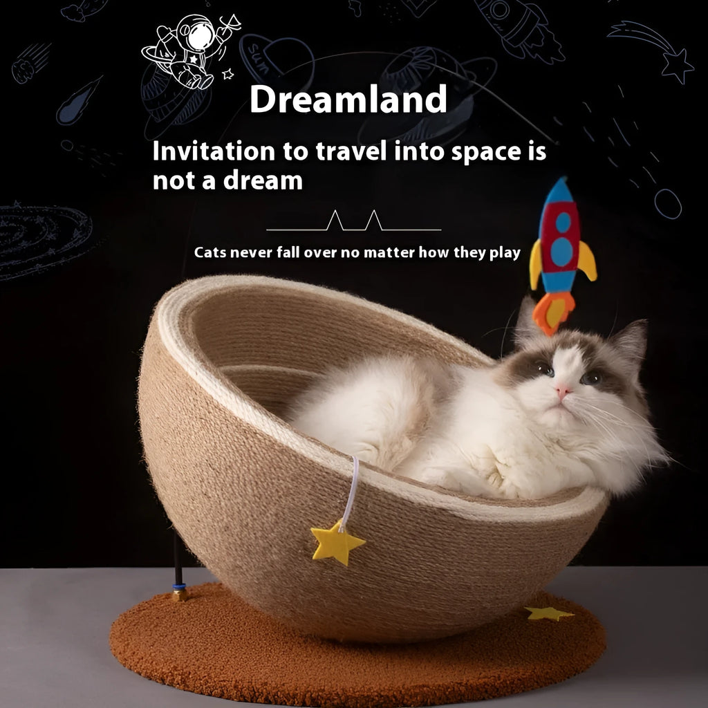 Large cat scratching board with integrated flannel-lined bed in starry sisal nest design