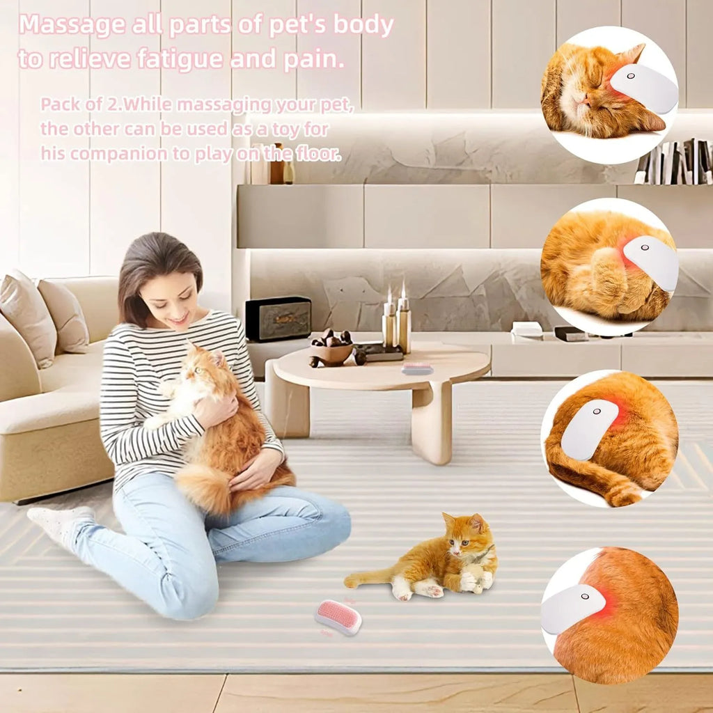 Pink handheld electric vibration pet grooming brush with soft TPE teeth on a white background.