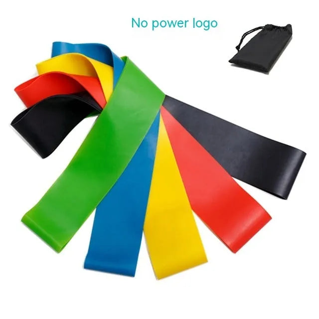 Five colour-coded TPE yoga tension straps with graduated thickness for resistance training