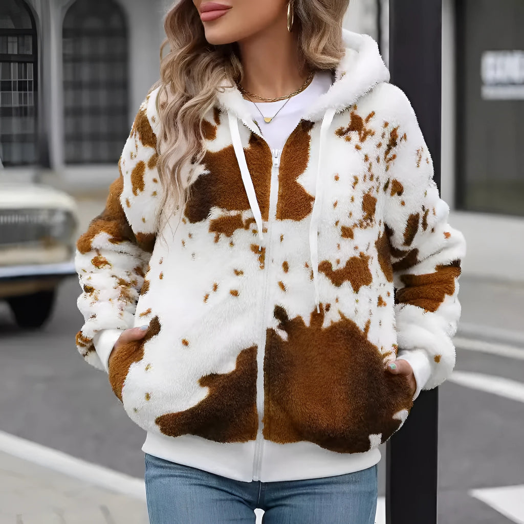 Yellow brown cow animal print hooded cardigan jacket with full zip and plush texture