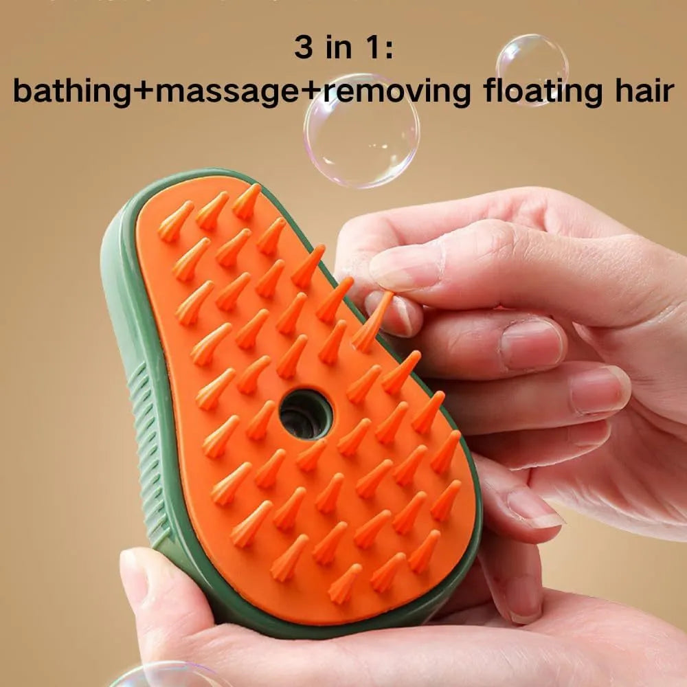 Green and white rechargeable cat steam brush with water spray tank and soft silicone bristles for pet grooming.