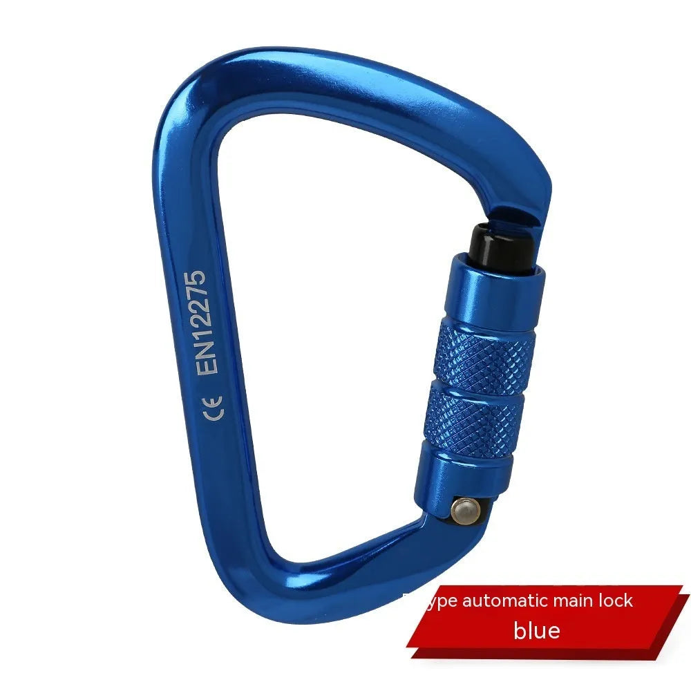 D-shaped climbing carabiner main lock in colours: black, blue, orange, red, silver red with automatic or threaded gate.