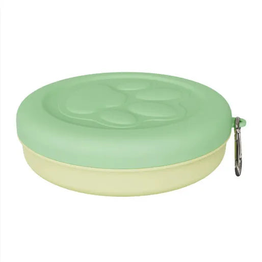 Collapsible silicone dog food and water bowl in pink and green colours, shown in both open and flattened positions