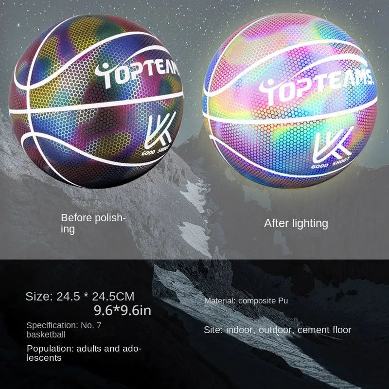 Chroma and white PU basketball with holographic reflective patches, size 7